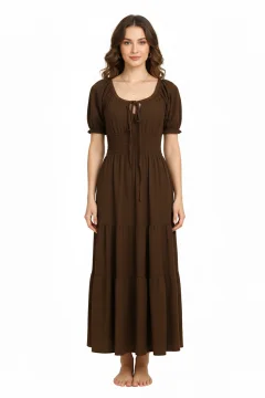 Rochie damă creponată lungă, cu decolteu, maro