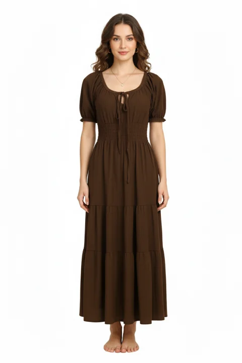 Rochie damă creponată lungă, cu decolteu, maro