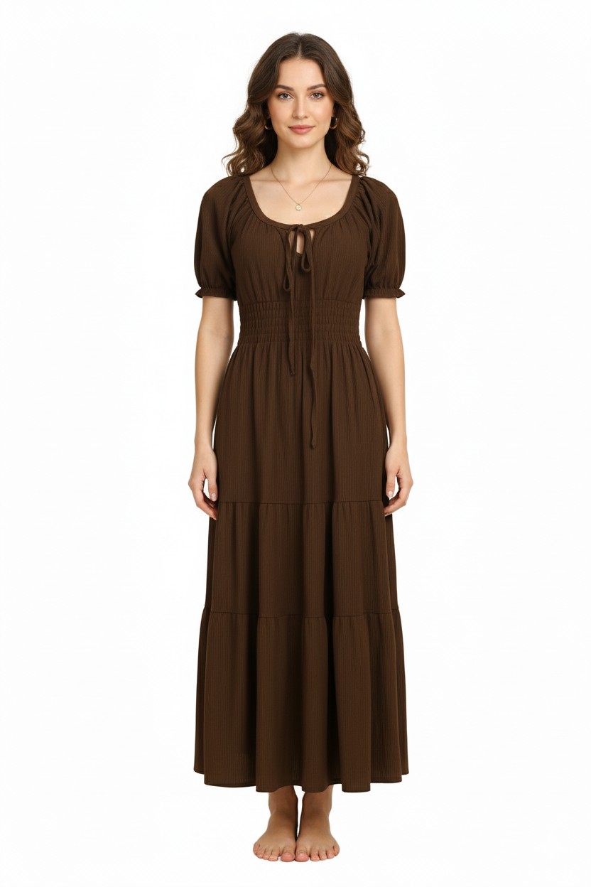 Rochie damă creponată lungă, cu decolteu, maro