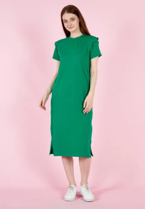 Rochie casual de damă, bumbac, mânecă scurtă- culoare verde