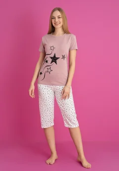 Pijama damă bumbac – tricou și pantaloni 3/4, imprimeu STELE