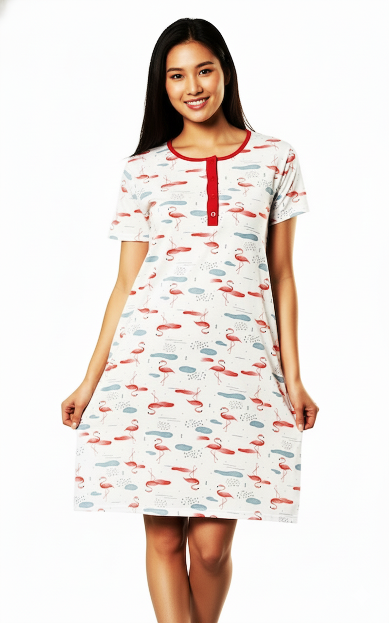 Rochie dama din bumbac, imprimeu flamingo, maneca scurta pana la genunchi