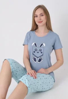 Pijama damă cu model de Paște, gri – tricou bumbac și pantaloni 3/4