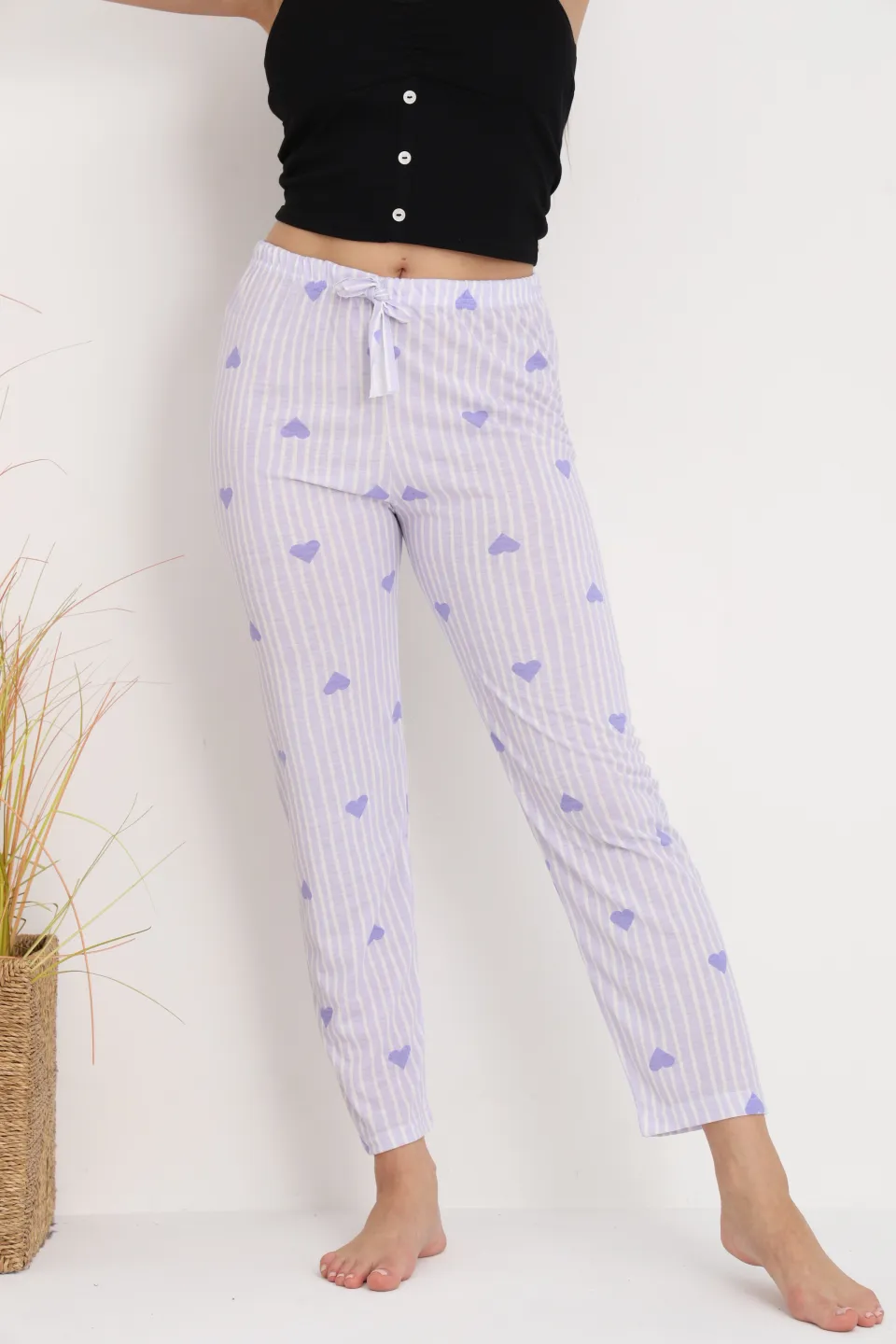 Pantaloni de pijama damă mov cu dungi și inimioare, croială lejeră, bumbac & poliester