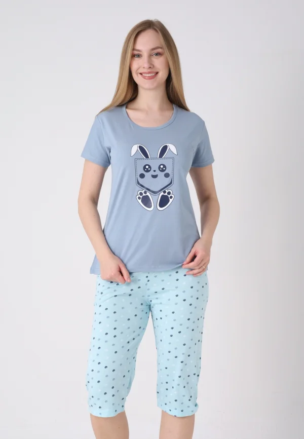 Pijama damă cu model de Paște, gri – tricou bumbac și pantaloni 3/4