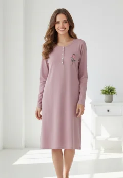 Rochie de casă mov cu imprimeu trandafir, mânecă lungă, bumbac