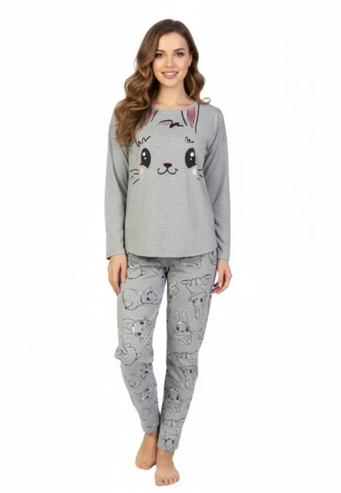 Pijamale damă cu mânecă lungă și pantaloni lungi, imprimeu iepuras, gri