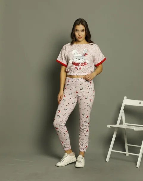 Pijama damă, cu mânecă scurtă și pantaloni lungi din bumbac, imprimeu Rabbit Love