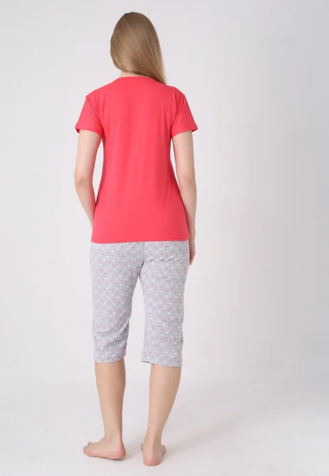 Pijama damă cu model de Paște, roz – tricou bumbac și pantaloni 3/4