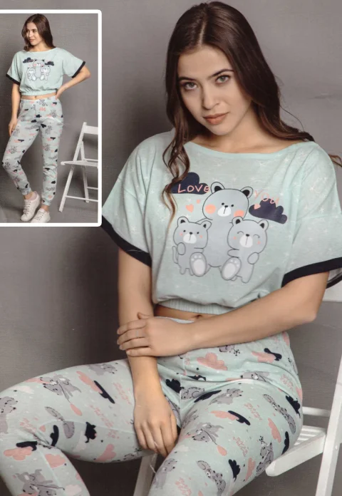 Pijama damă, cu mânecă scurtă și pantaloni lungi din bumbac, imprimeu ,,Love You''