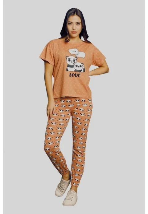 Pijama damă, cu mânecă scurtă și pantaloni lungi din bumbac, imprimeu LOVE