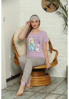 Pijama pentru Dama cu Imprimeu Ursuleț -tricou si pantaloni lungi