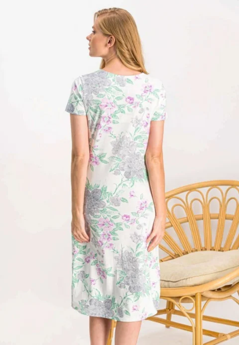 Rochie damă, mânecă scurtă și decolteu rotund, imprimeu floral, crem