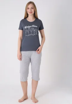 Pijama damă cu model de Paște, roz – tricou bumbac și pantaloni 3/4 (Kopya)