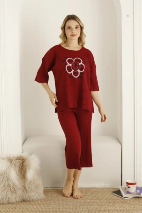 Pijama damă, culoare bordo, imprimeu floare