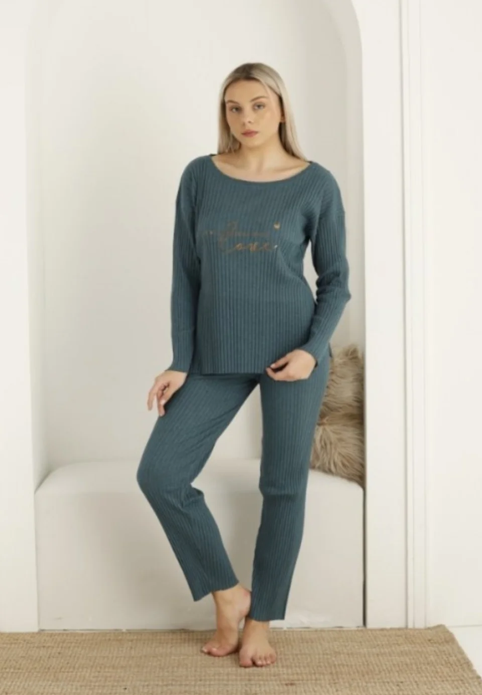 Pijama damă, mânecă lungă și pantaloni lungi cu imprimeu Love, blue