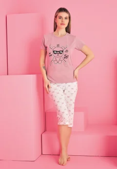 Pijama damă bumbac – tricou și pantaloni 3/4, imprimeu SE GOOD