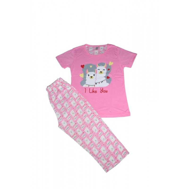 Pijama damă, cu mânecă scurtă și pantaloni lungi, imprimeu I Like You, roz