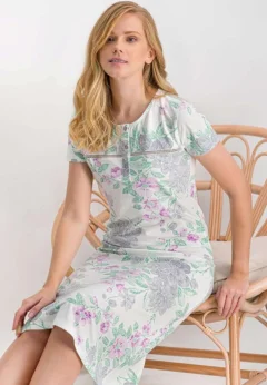 Rochie damă, mânecă scurtă și decolteu rotund, imprimeu floral, crem