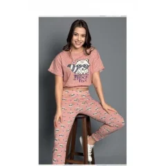 Pijama damă, cu mânecă scurtă și pantaloni lungi din bumbac, imprimeu ,,You Rock Fox''