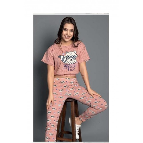 Pijama damă, cu mânecă scurtă și pantaloni lungi din bumbac, imprimeu ,,You Rock Fox''