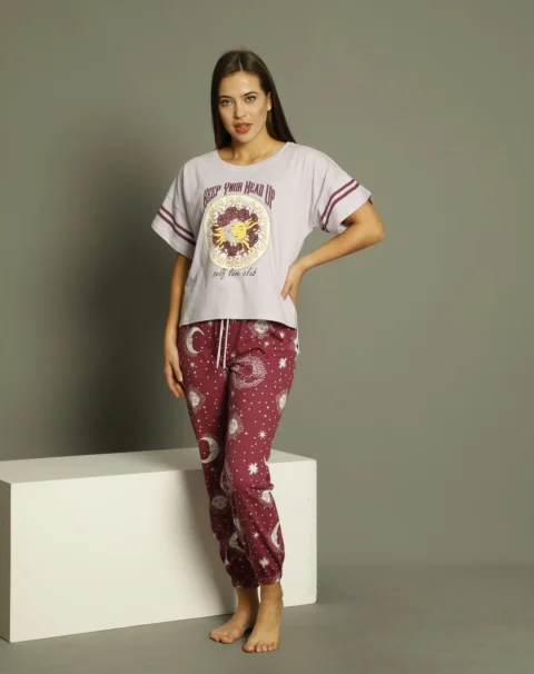 Pijama damă, cu mânecă scurtă și pantaloni lungi din bumbac, imprimeu Blessed And Grateful