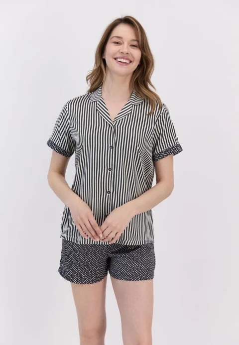 Pijama damă viscoză alb-negru cu dungi și stelute