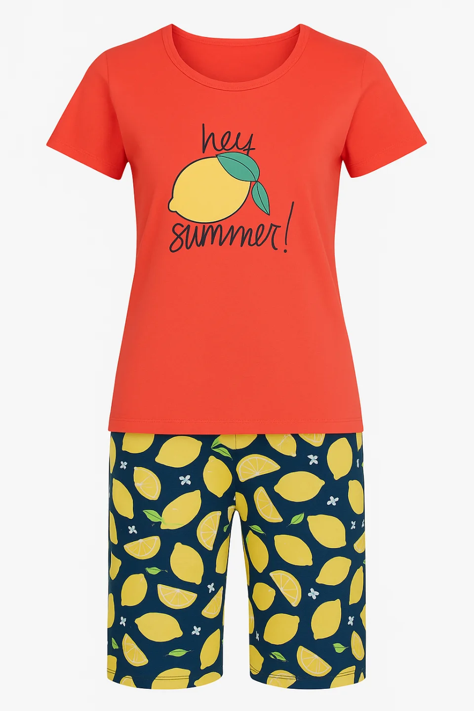 Pijama dama din bumbac, imprimeu ,,Hey Summer!'', maneca scurta si pantaloni scurti, rosu