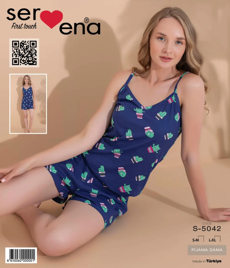 Pijama damă, 100% bumbac, maiou și short, imprimeu cactus