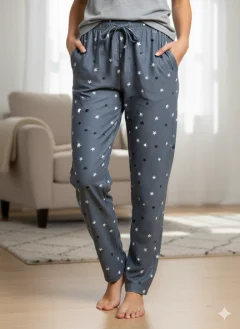 Pantaloni Pijamale Damă – Gri Închis Pufos cu Steluțe