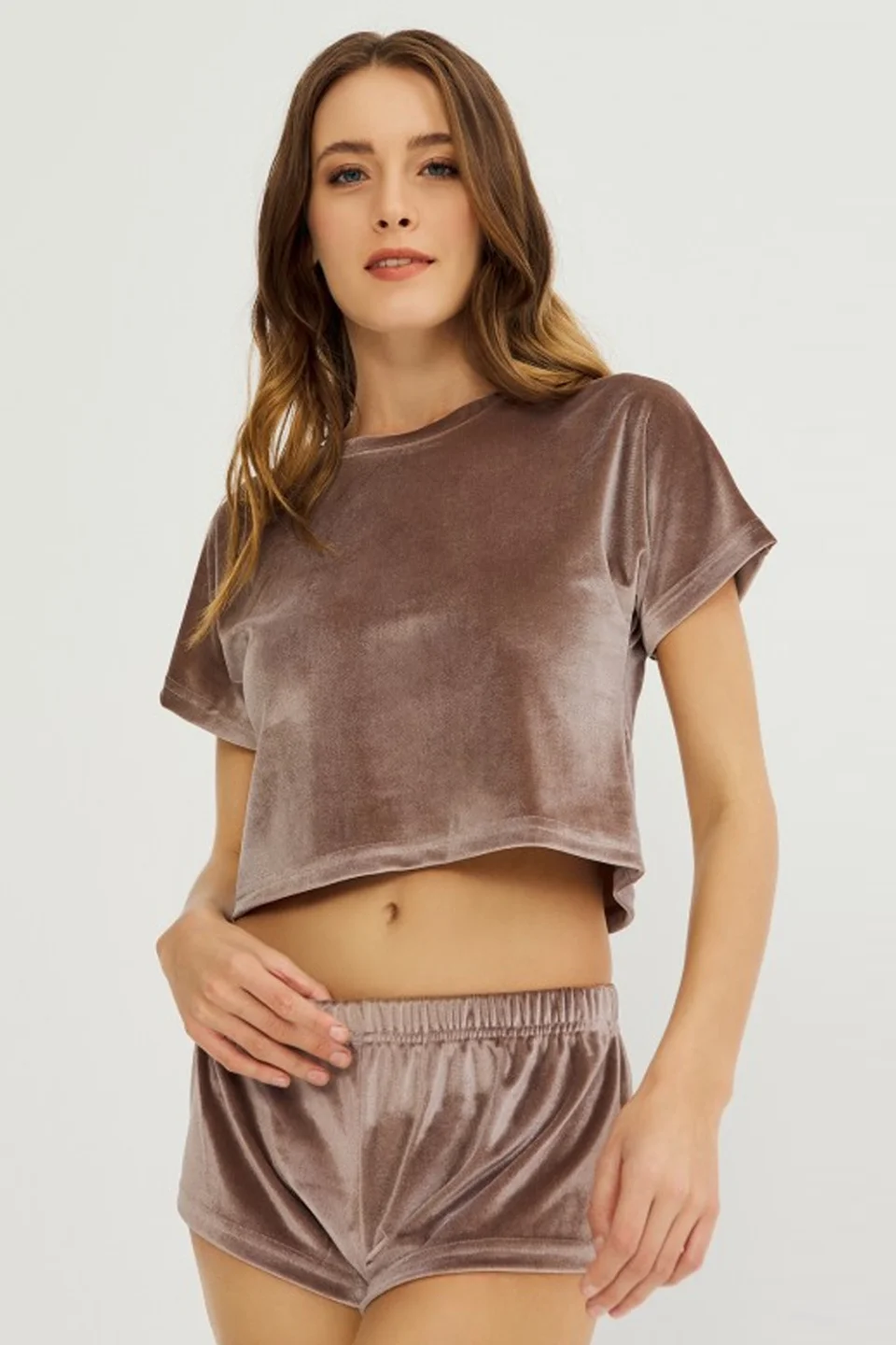 Set damă Cottonhill, tricou și short din catifea, Cafeniu