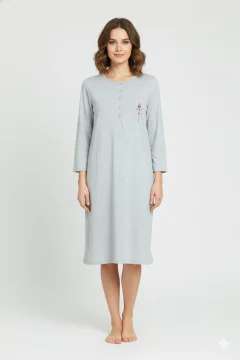 Rochie de casă gri cu imprimeu trandafir, mânecă lungă, bumbac