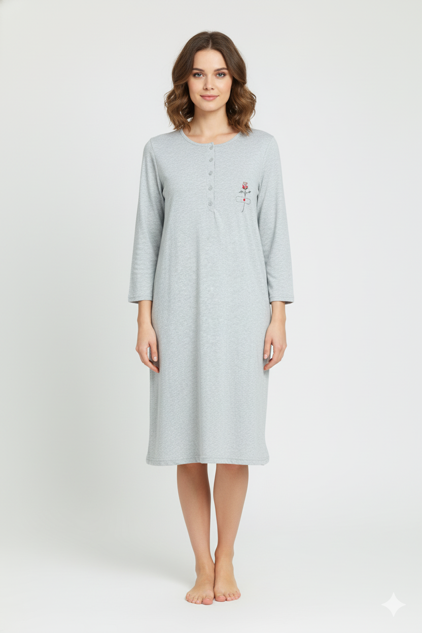 Rochie de casă gri cu imprimeu trandafir, mânecă lungă, bumbac