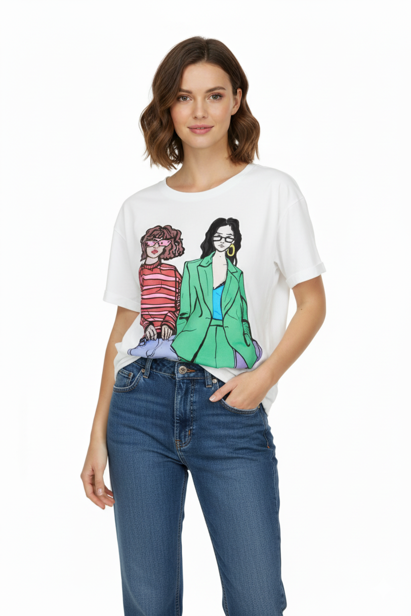 Tricou damă din bumbac, cu imprimeu ,,Girls'' - culoare alb