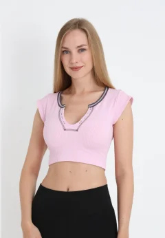 Crop tricou damă cu mânecă scurtă – roz