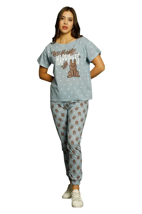 Pijama damă, cu mânecă scurtă și pantaloni lungi din bumbac, imprimeu Hapiness