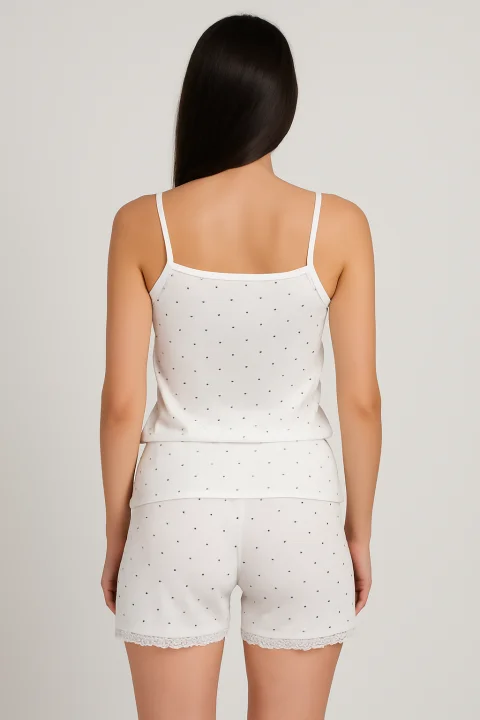 Pijama damă maiou și short – bretele subțiri, dantelă delicată, croială lejeră, imprimeu cu puncte negre