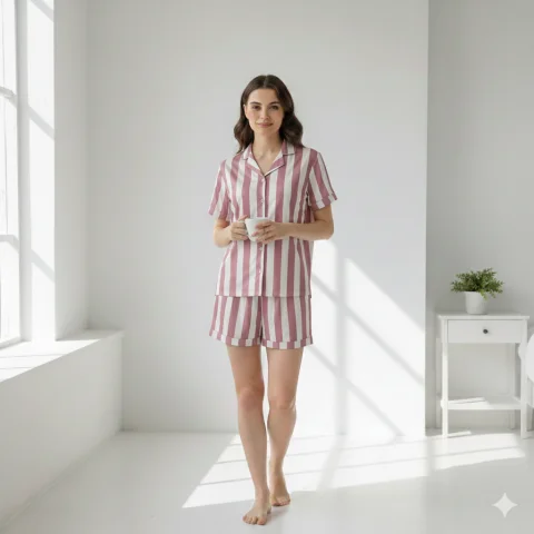 Pijama damă cu bluză cu nasturi, mânecă scurtă și pantaloni scurți, imprimeu cu dungi, roz/alb