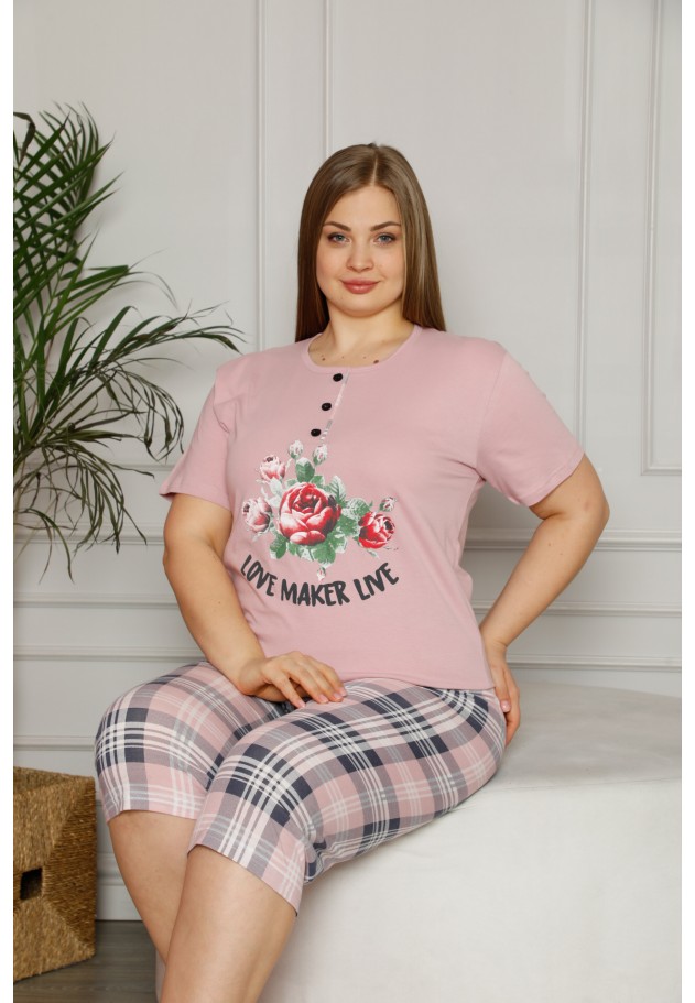 Pijama dama din bumbac Big Size, colecția primăvară, tricou cu nasturi și pantaloni 3/4, imprimeu flori