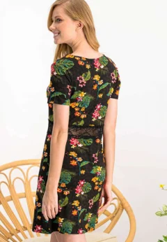 Rochie damă cu mânecă scurtă și imprimeu floral, culoare negru