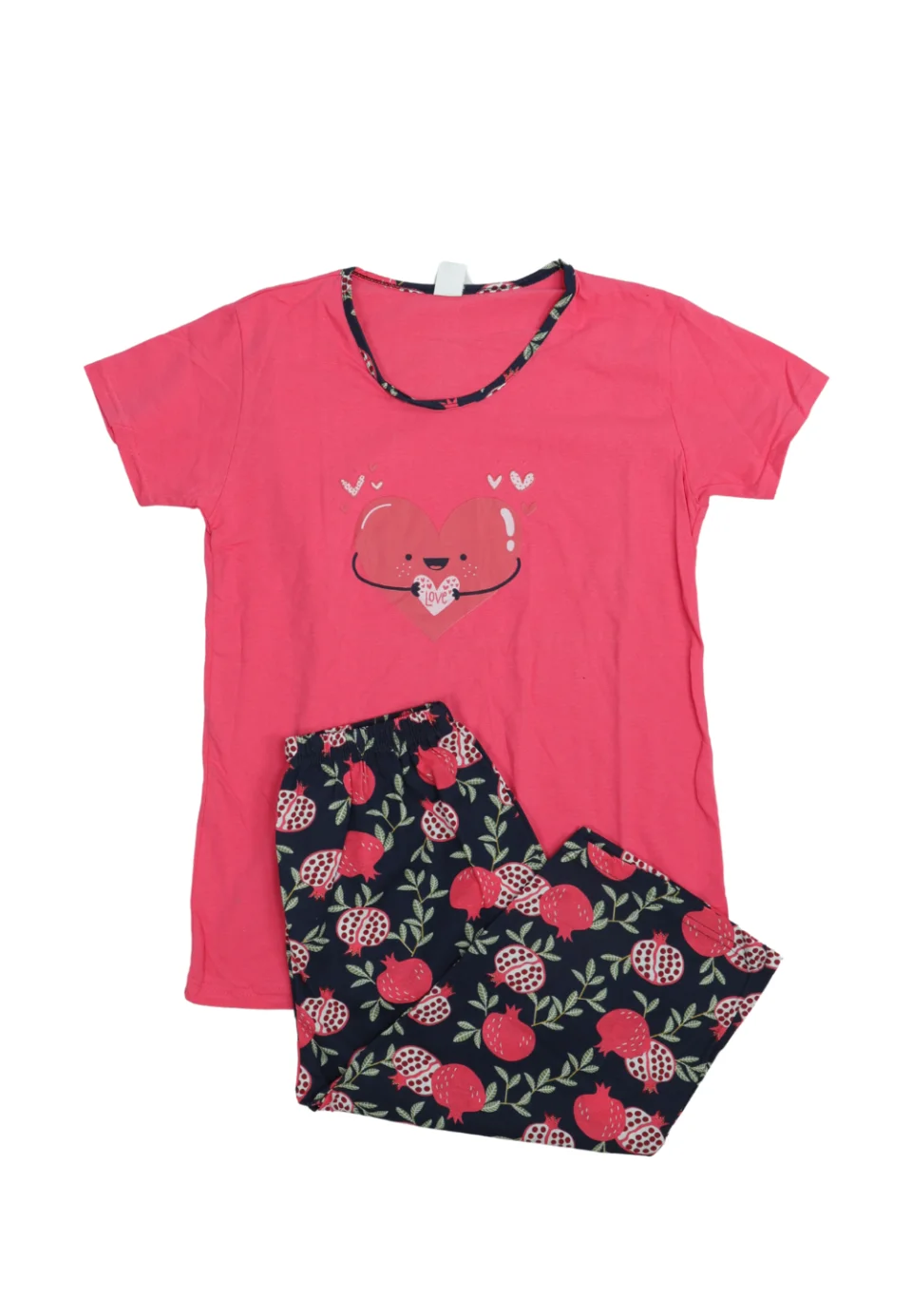 Pijama dama din bumbac cu imprimeu "Inima", maneca scurta si pantaloni 3/4, roz