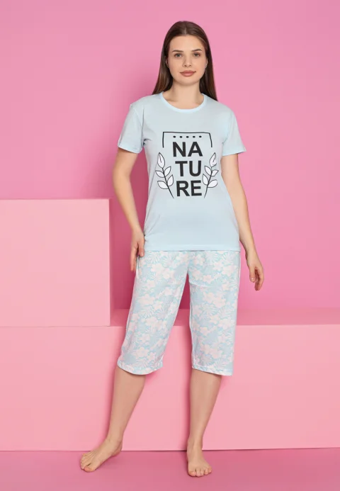 Pijama damă bumbac – tricou și pantaloni 3/4, imprimeu NATURE