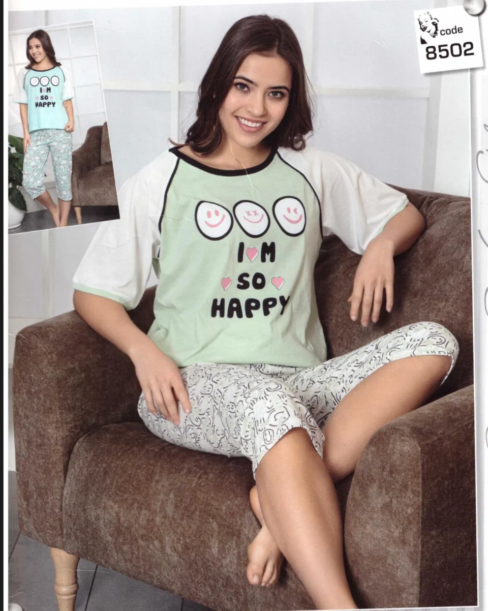 Pijama damă, cu mânecă scurtă și pantaloni 3/4 din bumbac, imprimeu I'm So Happy, verde