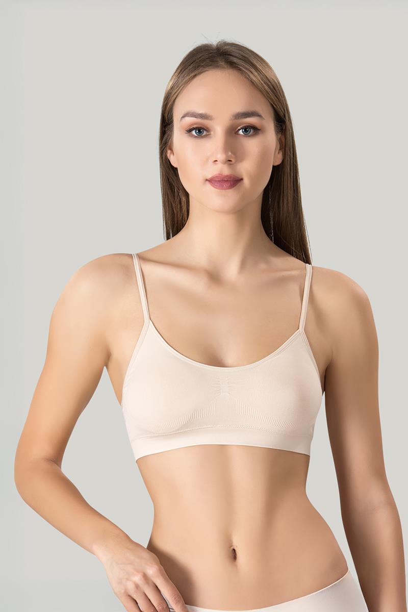 Bustiera dama elastica cu bretele subtiri, material lejer si elastic, culoare bej