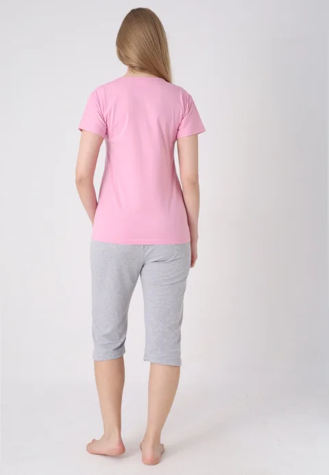 Pijama damă cu model de Paște, roz – tricou bumbac și pantaloni 3/4