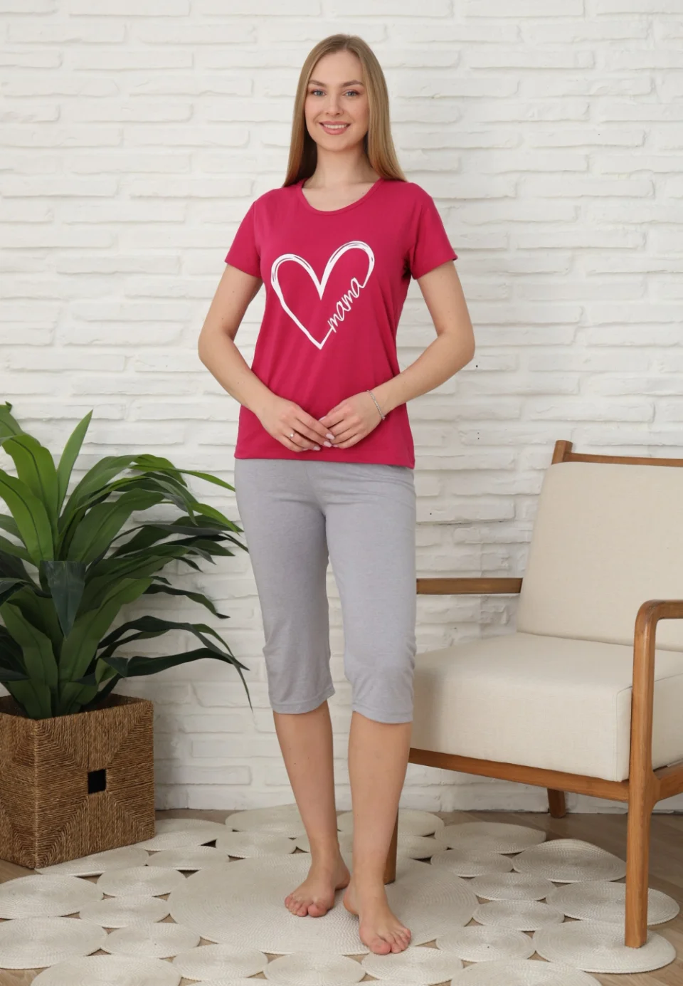 Pijama familie-damă, bumbac, mânecă scurtă și pantaloni 3/4, culoare fucsia