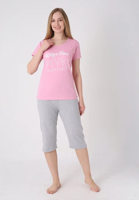 Pijama damă cu model de Paște, roz – tricou bumbac și pantaloni 3/4