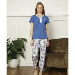 Set pijamale dama cu imprimeu frunza, bluza maneca scurta si pantaloni lungi, culoare albastru