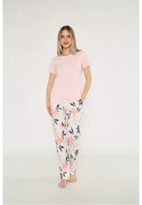 Pijama damă, bluză cu mânecă scurtă și decolteu rotund, pantaloni lungi cu imprimeu floral, culoare somon