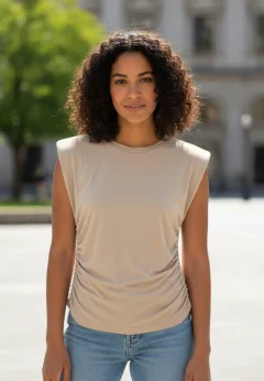 Tricou damă fără mâneci crem cu pense elastice laterale